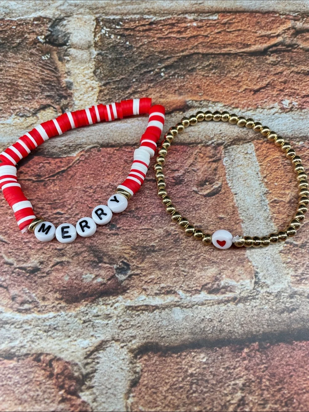 Kids Red & Gold Holiday Bead Bracelets - Merry & Heart Charm